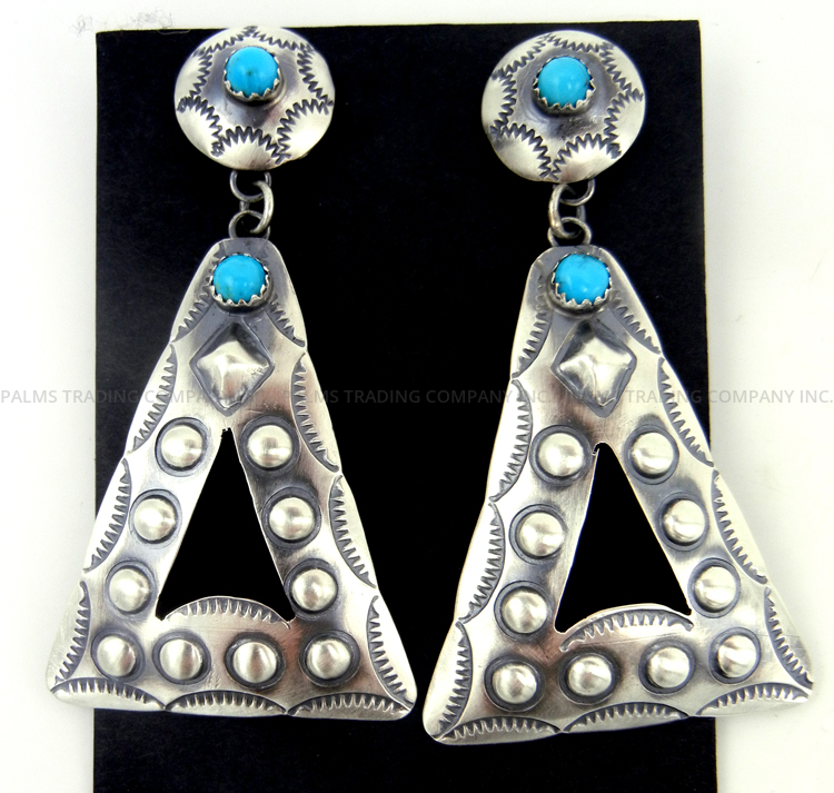 Navajo turquoise and brushed sterling silver triangle repousse dangle earrings