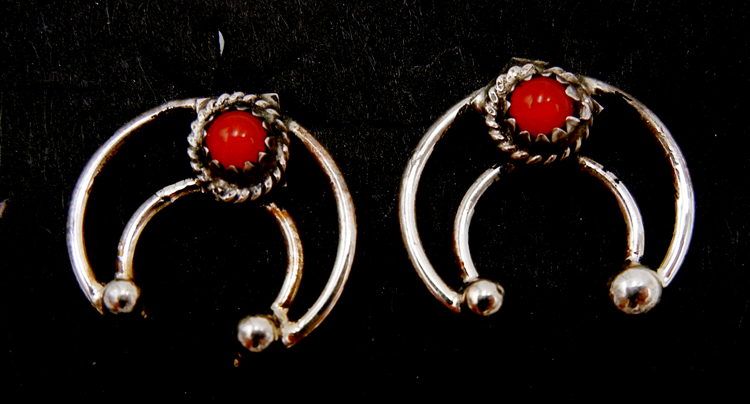 Navajo small sterling silver and coral naja post earrings