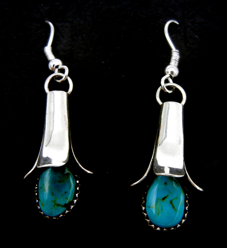 Navajo turquoise and sterling silver squash blossom dangle earrings by Doris Smallcanyon