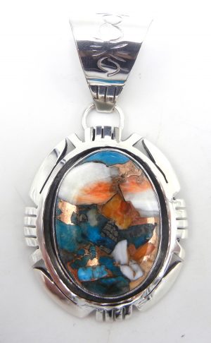Navajo compressed turquoise and orange spiny oyster shell and sterling silver pendant by Racquel and Leonard Hurley