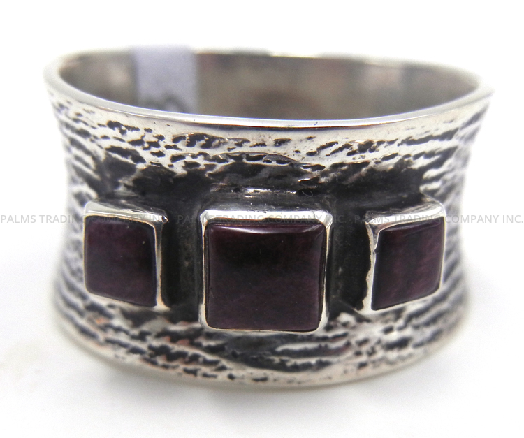 Navajo three stone sugilite and sterling silver wide band ring