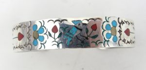 Zuni multi-stone inlay and sterling silver blue jay and flower cuff bracelet by Sammy and Esther Guardian