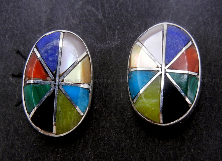 Zuni multi-stone inlay and sterling silver small oval post earrings
