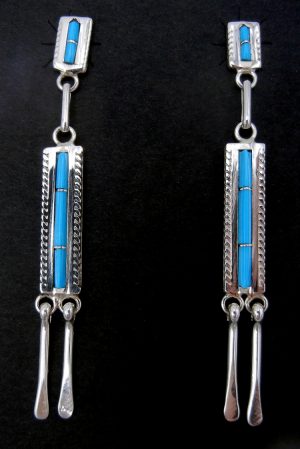 Zuni turquoise and sterling silver channel inlay dangle earrings by Jaylene Bellson