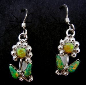 Zuni small yellow and green lab opal and sterling silver flower dangle earrings
