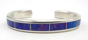 Navajo purple lab opal and sterling silver channel inlay cuff bracelet by Larry Loretto