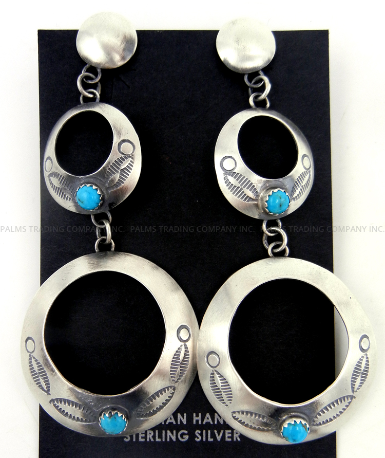 Navajo brushed sterling silver and turquoise triple circle dangle earrings