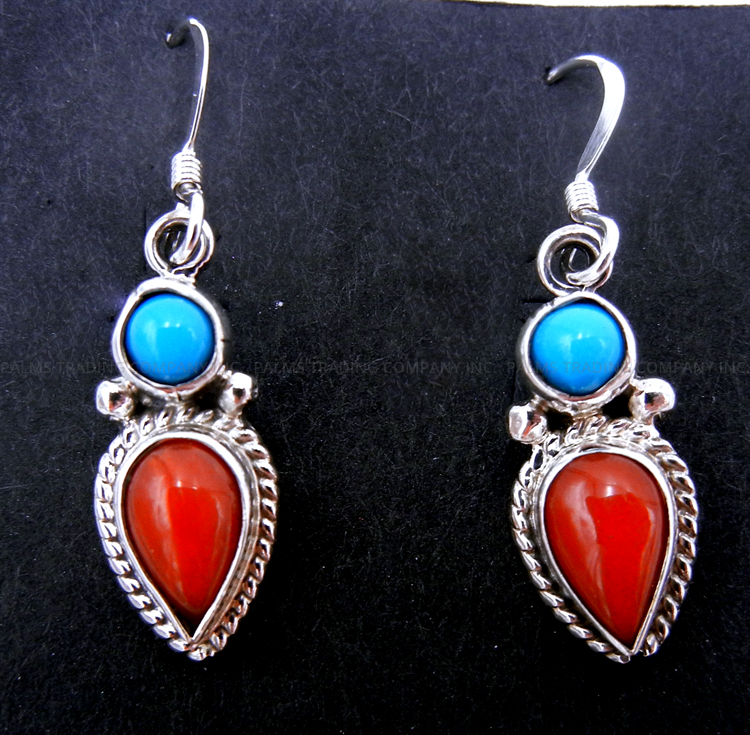 Navajo small coral and turquoise dangle earrings