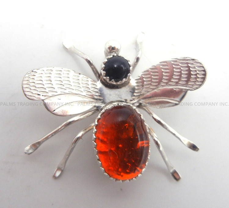 Navajo amber jet and sterling silver bee pin by Juan Begay