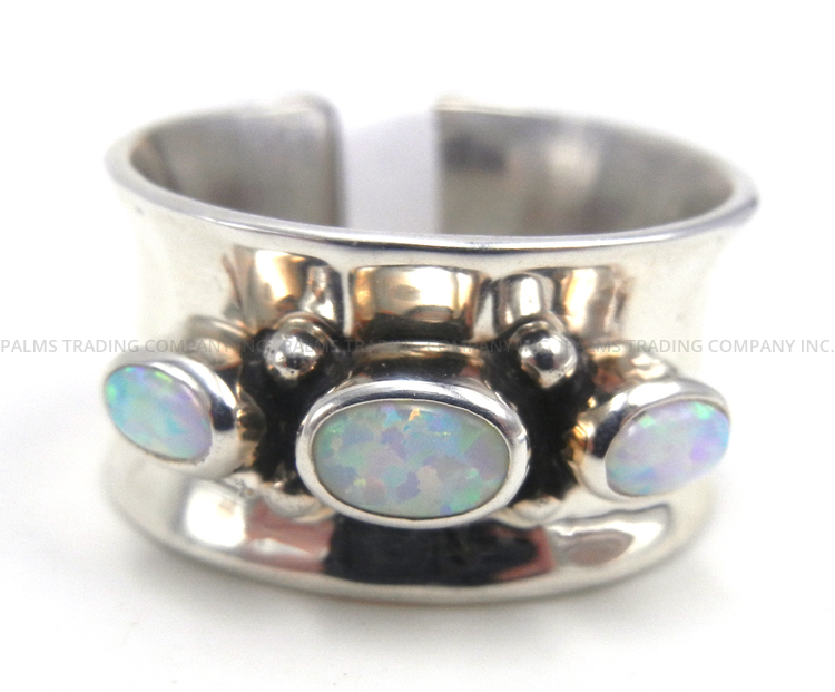 Navajo wide band sterling silver and triple white lab opal ring