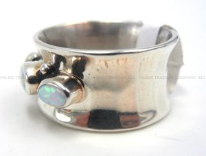 Navajo Wide Band Sterling Silver and Triple White Lab Opal Ring