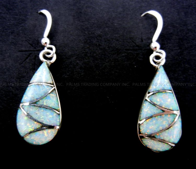 Zuni white lab opal and sterling silver inlay tear drop dangle earrings by Orlinda Natewa