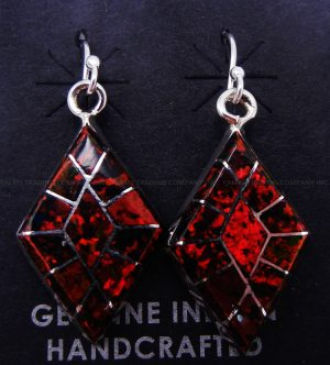 Zuni red lab opal and sterling silver inlay diamond dangle earrings by Constance Epaloose