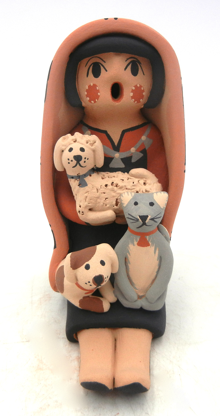 Jemez seated female storyteller with two dogs and cat by Chrislyn Fragua