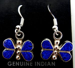 Zuni small lapis and sterling silver inlay butterfly dangle earrings