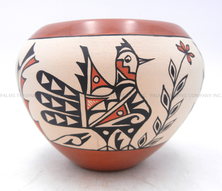 Jemez handmade, painted and polished bird and flower design jar by Christine Tosa
