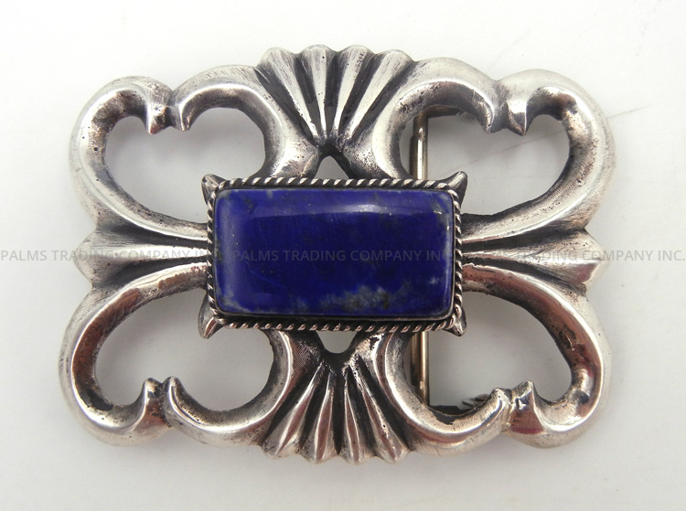 Navajo sandcast sterling silver and lapis belt buckle by Chimney Butte