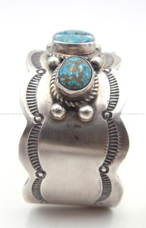 Navajo Pearlene Spencer Kingman Turquoise and Sterling Silver Row Cuff Bracelet