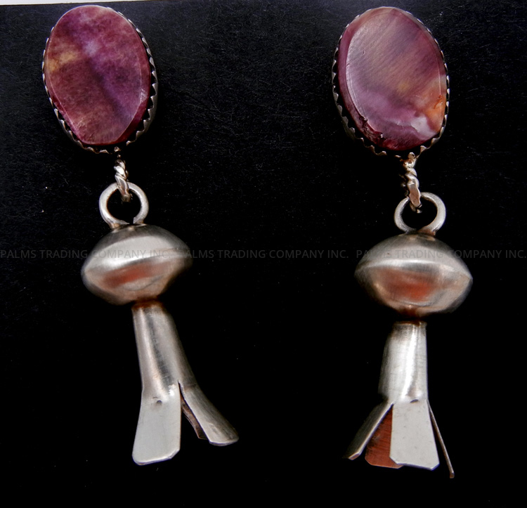Navajo purple spiny oyster shell and brushed sterling silver squash blossom earrings by Selina Warner