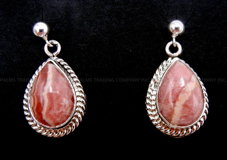 Navajo small rhodochrosite and sterling silver post dangle earrings