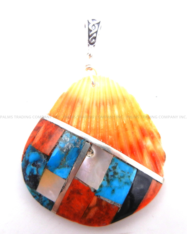 Santo Domingo orange sea shell pendant with mult-stone and sterling silver inlay