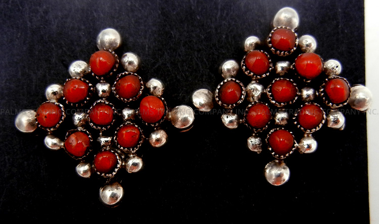 Zuni coral petit point and sterling silver post earrings