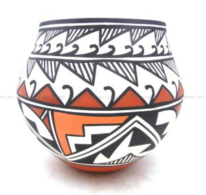 Acoma handmade and hand painted polychrome weather pattern jar by David Antonio