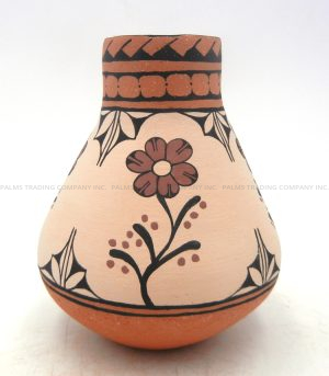 Santo Domingo small micaceous handmade and hand painted flower pattern vase by Antoinette Crespin