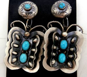 Navajo brushed sterling silver and turquoise butterfly dangle earrings