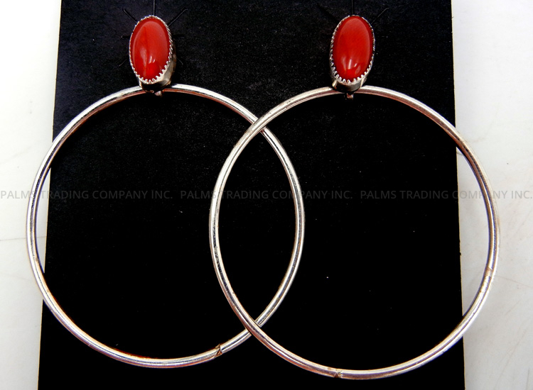Navajo coral and sterling silver circle dangle earrings