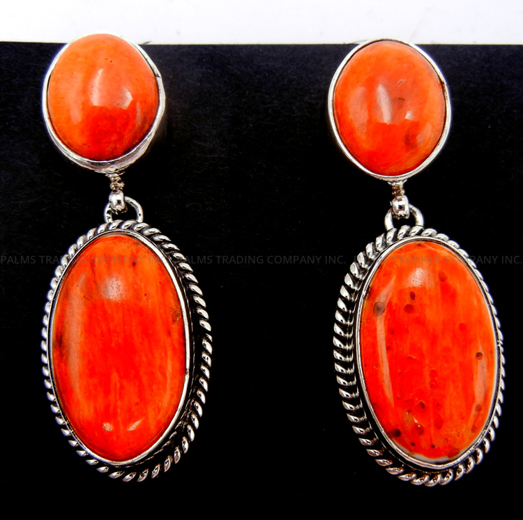 Navajo orange spiny oyster shell and sterling silver post dangle earrings