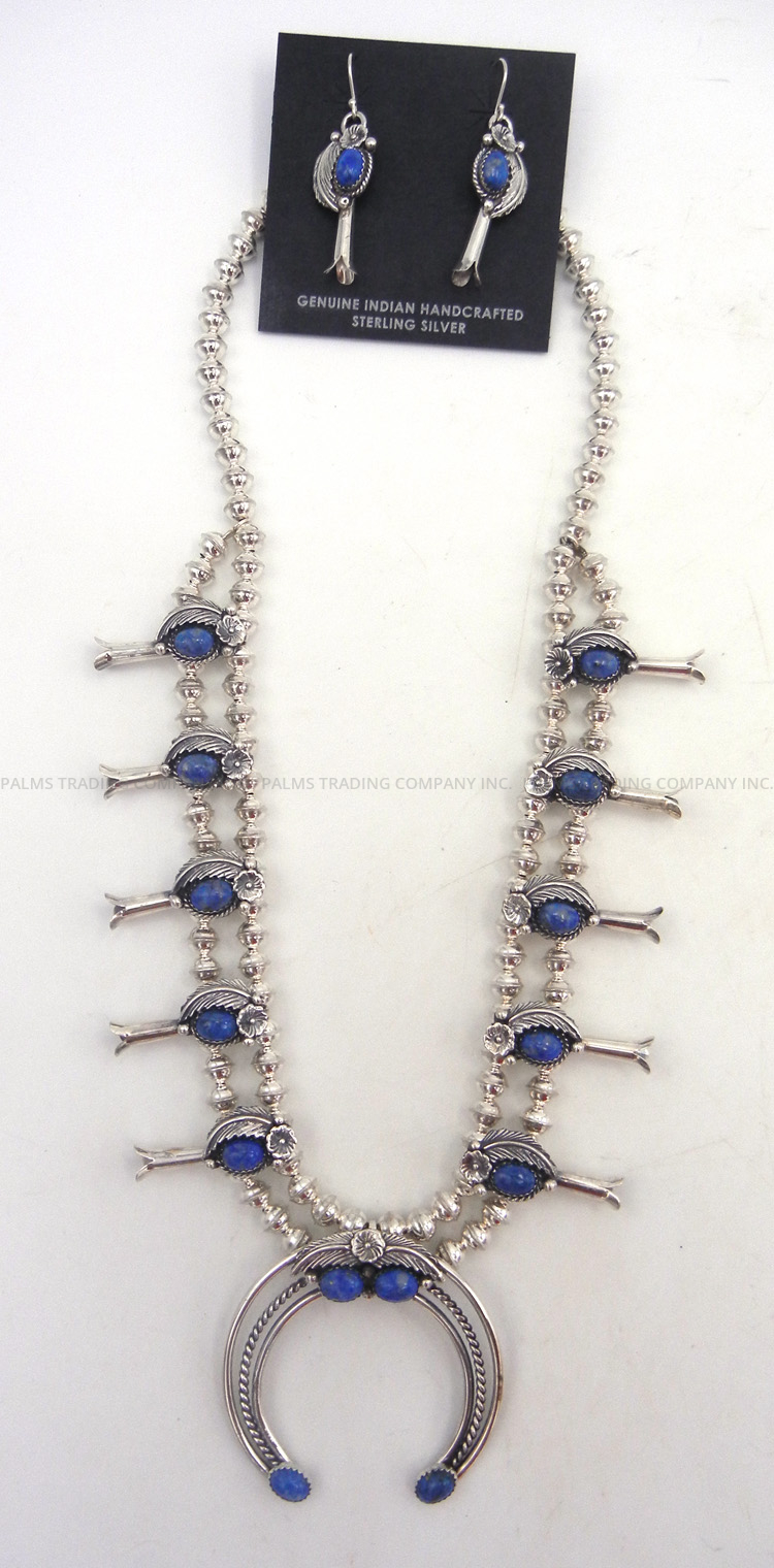 Navajo denim lapis and sterling silver squash blossom necklace and earring set