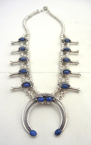 Navajo Denim Lapis and Sterling Silver Squash Blossom Necklace and Earring Set