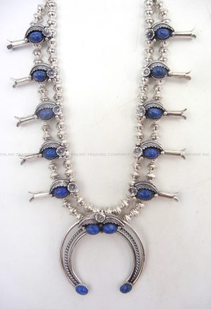 Navajo Denim Lapis and Sterling Silver Squash Blossom Necklace and Earring Set