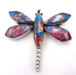 Navajo composite turquoise and purple spiny oyster shell dragonfly pin with sterling silver