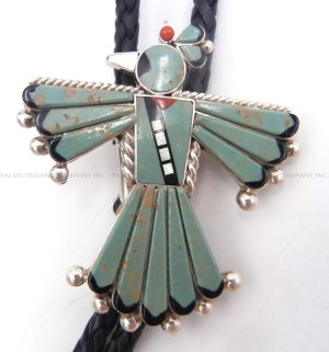 Zuni green turquoise and multi-stone inlay thunderbird bolo tie by Michelle Peina