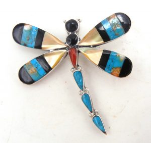 Zuni multi-stone inlay and sterling silver dragonfly pin/pendant by Angus Ahiyite