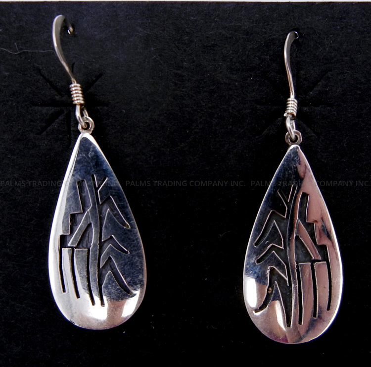 Hopi sterling silver overlay corn stalk and weather pattern dangle earrings by Gerald Lomaventona