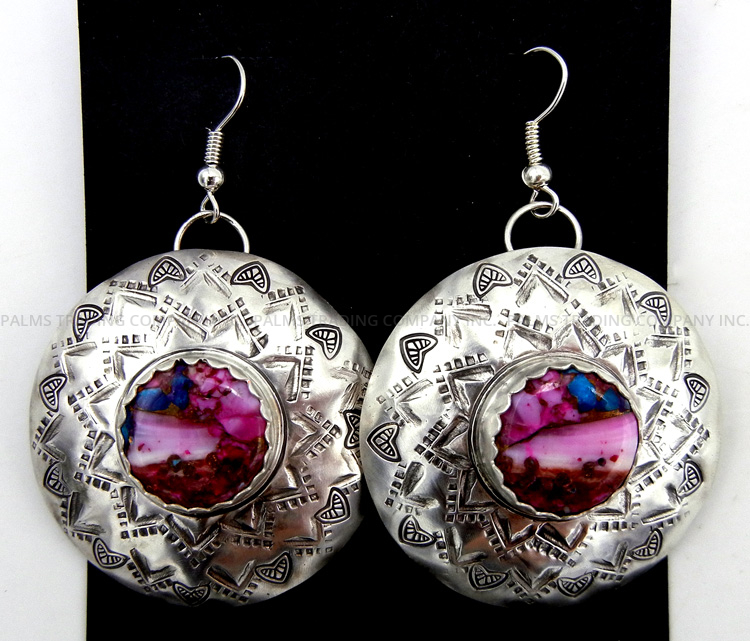 Navajo stamped sterling silver and composite turquoise and purple spiny oyster shell dangle earrings