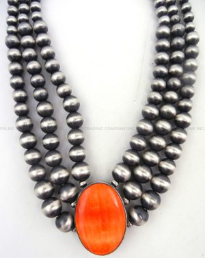 Navajo Rose Martin Handmade Sterling Silver Pearl and Orange Spiny Oyster Three Stand Necklace