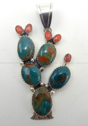Navajo turquoise, red spiny oyster shell and sterling silver prickly pear cactus pendant