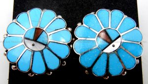 Zuni multi-stone inlay and sterling silver sunface post earrings
