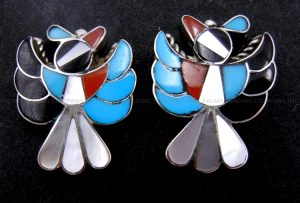 Zuni small multi-stone inlay and sterling silver thunderbird post earrings by Robert Martinez
