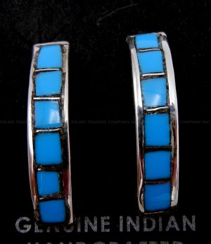 Zuni turquoise and sterling silver small channel inlay half hoop earrings