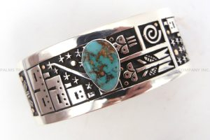 Santo Domingo sterling silver and 14k gold overlay and turquoise cuff bracelet by Joseph Coriz