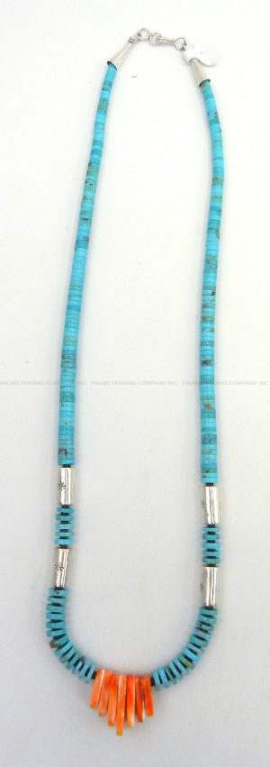 Santo Domingo turquoise heishi necklace with orange spiny oyster jacla and sterling silver tubes by Ronald Chavez