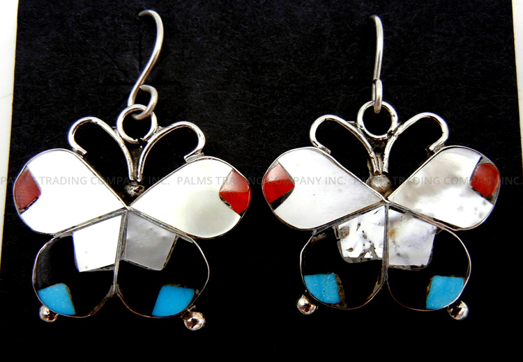 Zuni multi-stone inlay and sterling silver butterfly dangle earrings