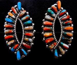 Zuni needlepoint composite turquoise and orange spiny oyster shell and sterling silver post earrings