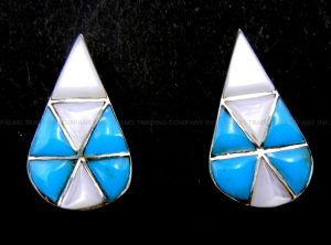 Zuni small turquoise, white mother of pearl and sterling silver inlay tear drop post earrings