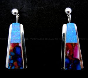 Zuni lab opal, composite turquoise and purple spiny oyster shell and sterling silver inlay dangle earrings